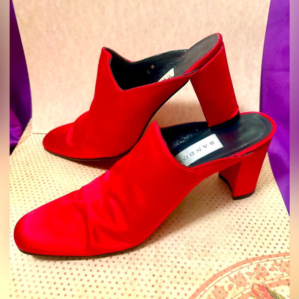 Vintage 90’s Rare Bandalino Red Satin & Leather Slide on Heelied Mules